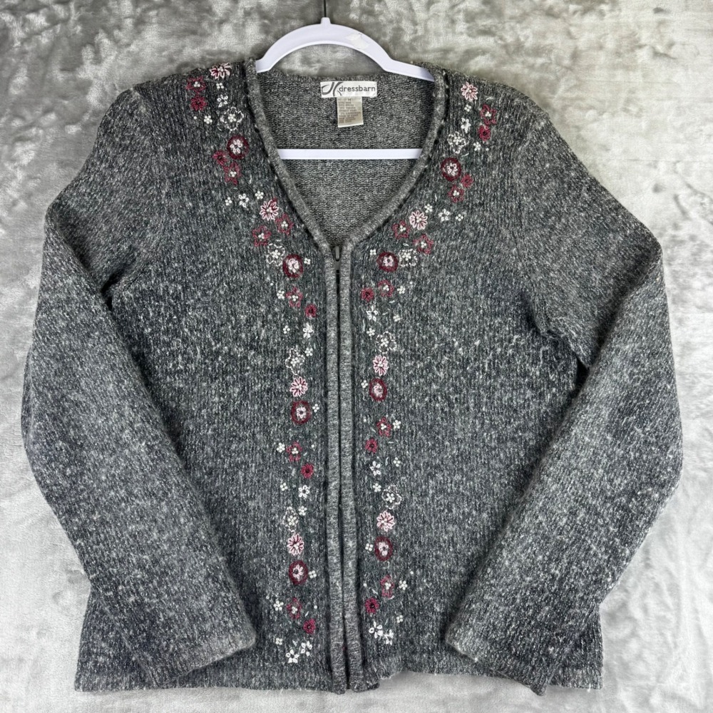 Dressbarn Cardigan‎ Womens Medium Gray Silk Angora Floral Beaded Zip (1510)
